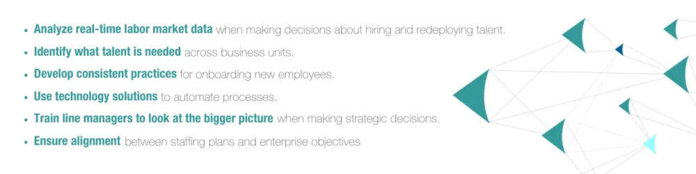 Analyze real-time labor market data when making decisions about hiring and redeploying talent Identify what talent is needed across business units Develop consistent practices for onboarding new employees Use technology solutions to automate processes Train line managers to look at the bigger picture when making strategic decisions Ensure alignment between staffing plans and enterprise objectives